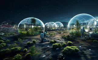 A futuristic depiction of agriculture shows cultivation and farming in glass enclosures on the surface of Mars in space, highlighting innovation and sustainability efforts in space photo