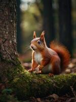 a red squirrel sits on a log in the woods photo