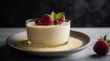a dessert with berries and cream on a silver plate photo
