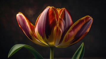 a tulip with a yellow and red center photo