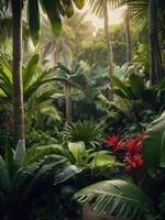 a tropical garden with lots of plants and grass at home photo