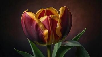 a tulip with a yellow and red center photo