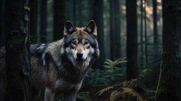 a wolf standing in the woods with trees and ferns photo