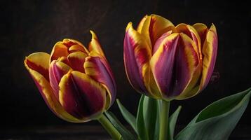 a tulip with a yellow and red center photo