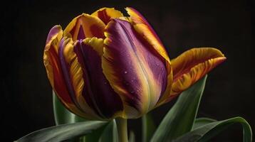 a tulip with a yellow and red center photo