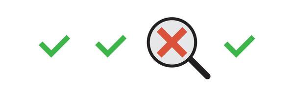 Magnifying glass with green or red check tick icon. For concepts of research, results found, success, reviews or examination, discovery. vector