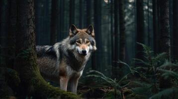 a wolf standing in the woods with trees and ferns photo