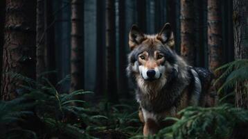 a wolf standing in the woods with trees and ferns photo