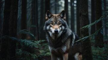a wolf standing in the woods with trees and ferns photo