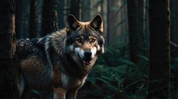 a wolf standing in the woods with trees and ferns photo