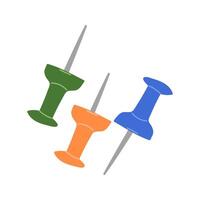 Cute cartoon push pins with plastic top and needle. Button, pointer, fixing button head for attaching paper to advertising and cork board. Hand drawn office and school stationery isolated. vector