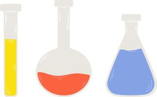 Set of simple different chemical flasks with solutions. Experiment with chemical flasks for science isolated on white background.School supplies.Back to school vector