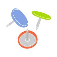 Cute cartoon push pins with plastic top and needle. Button, pointer, fixing button head for attaching paper to advertising and cork board. Hand drawn office and school stationery isolated. vector