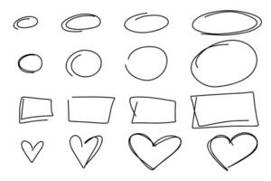 Highlight oval frames, hand drawn heart, underlines lines collection. Scribble doodle circle and rectangle set. Ovals and ellipses line template. Stock illustration isolated on white background vector