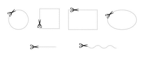 Set of scissors icons with dotted lines path. Cut here pictogram for coupons, vouchers, labels, paper pages. Simple graphic stock illustration isolated on white background. vector