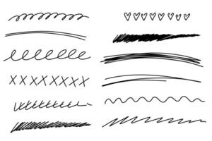 Hand drawn doodle line stroke set. Highlight underline strike through. Pen line template. illustration isolated on white background. vector