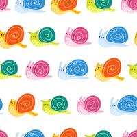 Semless pattern with snail. Doodle hand drawn snail. Cartoon cute snail character collection. Children's illustration of a small snail. Stock illustration isolated on a white background. vector