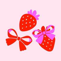 Set of cute hand drawn strawberries with a pink red bows isolated on a beige background. Children's illustration for print. vector