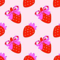 Seamless pattern with red strawberries and pink bows on a beige background. Girly background. Repeating print for fabric, wrapping paper, textile vector