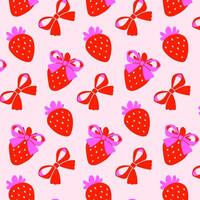 Seamless pattern with red strawberries and pink bows on a beige background. Girly background. Repeating print for fabric, wrapping paper, textile vector