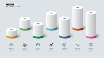 Infographics cylinder timeline with 7 number data template. Illustration abstract background. vector