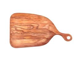 Wooden cutting board with smooth edges. Old handmade light brown food utensil. Horizontal surface. Chopping board with wood texture and handle. Top view. Watercolor illustration. Copy space for text. vector