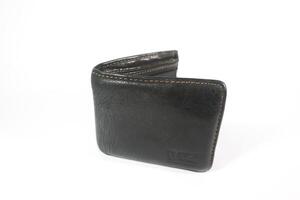 isolated black leather texture wallet with white background. Isolated background. Male purse photo