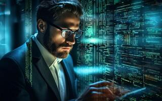 A hacker, surrounded by technological holograms, intensely focuses on coding in a close-up shot, portraying a futuristic cyber atmosphere.Generated image photo