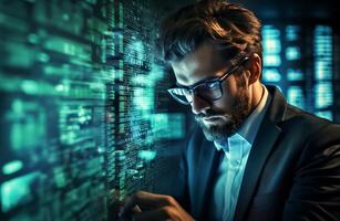 A hacker, surrounded by technological holograms, intensely focuses on coding in a close-up shot, portraying a futuristic cyber atmosphere.Generated image photo