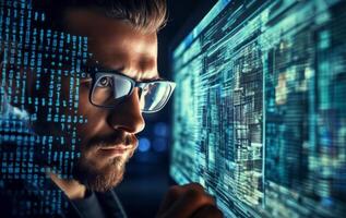 A hacker, surrounded by technological holograms, intensely focuses on coding in a close-up shot, portraying a futuristic cyber atmosphere.Generated image photo