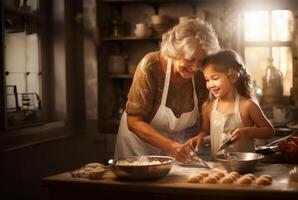 In the cozy warmth of home, a grandmother and her grandchild share a special bond as they cook together, passing on traditions, creating memories, and cherishing each other's company photo