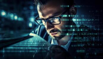 A hacker, surrounded by technological holograms, intensely focuses on coding in a close-up shot, portraying a futuristic cyber atmosphere.Generated image photo