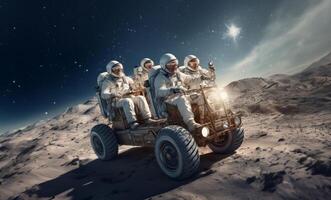 A group of seasoned astronauts traverses the Martian terrain in a state-of-the-art rover, embodying a blend of wisdom and futuristic exploration as they navigate the red planet photo