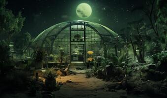 Within a glass-enclosed chamber on Mars, a pioneering space greenhouse cultivates earthly sustenance, showcasing the integration of advanced technology and sustainable practices for photo