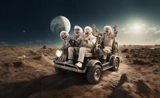 A group of seasoned astronauts traverses the Martian terrain in a state-of-the-art rover, embodying a blend of wisdom and futuristic exploration as they navigate the red planet photo