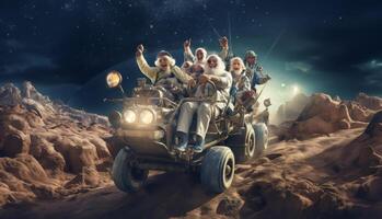 A group of seasoned astronauts traverses the Martian terrain in a state-of-the-art rover, embodying a blend of wisdom and futuristic exploration as they navigate the red planet photo