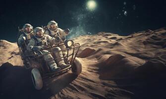 A group of seasoned astronauts traverses the Martian terrain in a state-of-the-art rover, embodying a blend of wisdom and futuristic exploration as they navigate the red planet photo