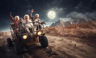 A group of seasoned astronauts traverses the Martian terrain in a state-of-the-art rover, embodying a blend of wisdom and futuristic exploration as they navigate the red planet photo