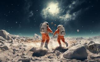 a group of friends revels in cosmic joy, creating unforgettable memories as they play and laugh together on the surreal surface of the moon, embodying the spirit of extraterrestrial photo