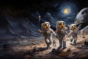 A jubilant family dons astronaut suits, running joyfully across the vast expanse of Mars, symbolizing a harmonious blend of familial happiness and the awe-inspiring adventure of photo