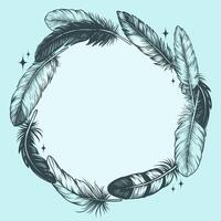Hand drawn round frame from feathers. Vintage decorative feather wreath ink sketch. Circle for invitation, greeting card, quote, label with copy space for text vector