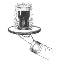Waiter holding service tray with beer. Glass of beer with splash and drops on serving salver. Hand drawn Engraving imitation illustration for happy hour, pub, brewery, menu cover, Oktoberfest vector