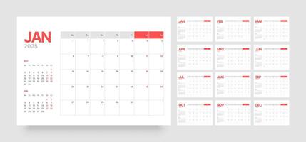 Monthly calendar template for 2025 year. Diary planner in a minimalist style. Week Starts on Monday. vector
