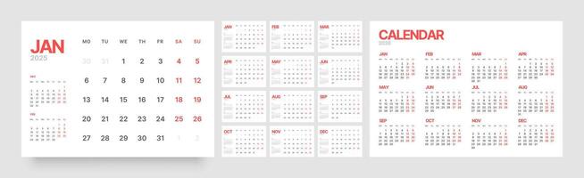Monthly calendar template for 2025 year. Diary planner in a minimalist style. Week Starts on Monday. vector