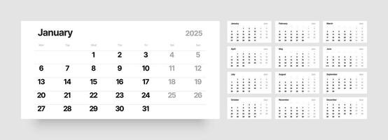 Monthly calendar template for 2025 year. Quarterly calendar in a minimalist style. Week Starts on Monday. vector