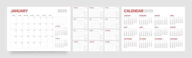 Monthly calendar template for 2025 year. Diary planner in a minimalist style. Week Starts on Monday. vector