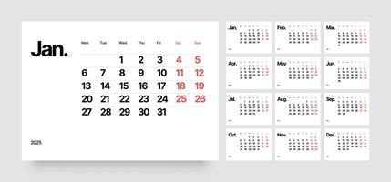 Monthly calendar template for 2025 year. Wall calendar in a minimalist style. Week Starts on Monday. vector