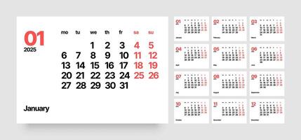 Monthly calendar template for 2025 year. Wall calendar in a minimalist style. Week Starts on Monday. vector