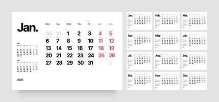 Monthly calendar template for 2025 year. Wall calendar in a minimalist style. Week Starts on Monday. vector