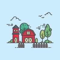 illustration of farm house with fence and trees. Line style icon. vector